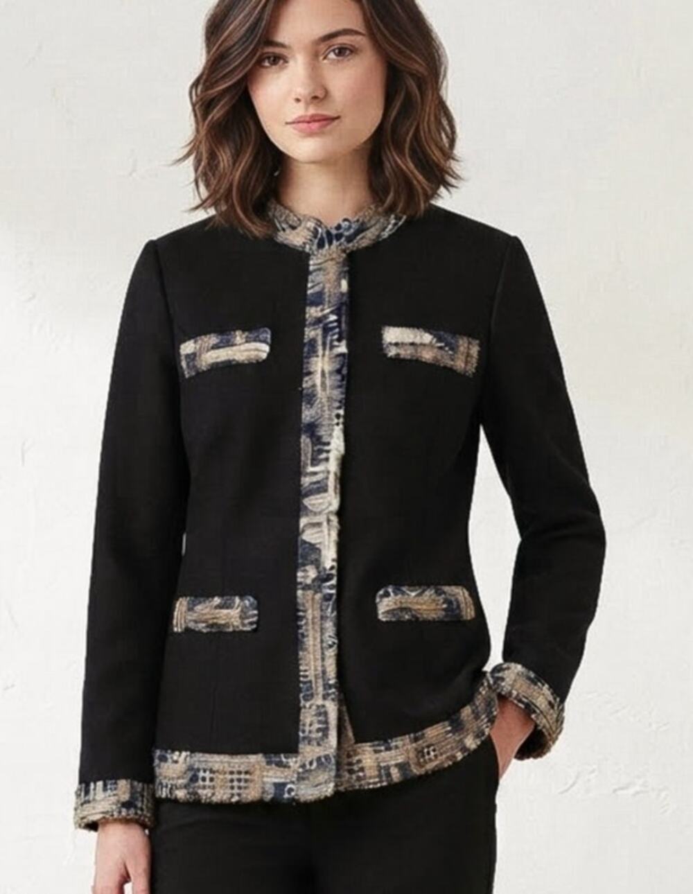 Gorgeous Berek Comfy Black Zip Up Jacket w/Boucle Tweed Details